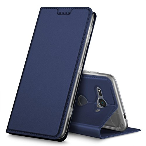 Conie EF40612 Electroplated Flip Case Kompatibel mit Sony Xperia XZ2 Compact, PU Leder Hülle Flip Wallet Cover Kartenfächer Standfunktion Magnetisch für Xperia XZ2 Compact Etui Dunkelblau