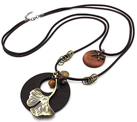 AMOYER Vintage Sautoir Main Bijoux Port en Alliage Multilayer Corde en Cuir Usine Feuille Charm Pendentif en Bois Collier