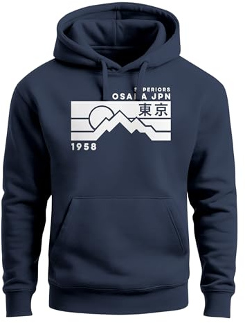 Neverless® Hoodie Herren Aufdruck Osaka JPN japanische Schriftzeichen Fashion Print Kapuzen-Pullover Männer Navy 3XL