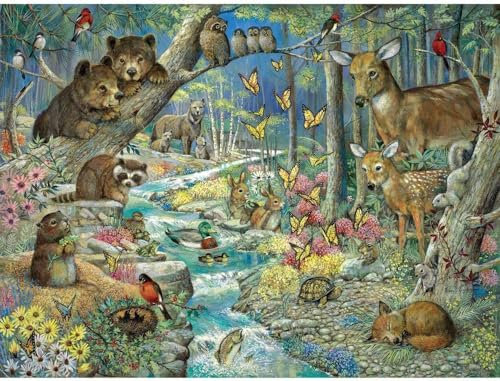 Bits and Pieces Puzzle mit 1000 Teilen für Erwachsene – Frühlingsbabys – Waldtiere, fließender Fluss, Puzzle von Künstlerin Ruane Manning, fertige Puzzle-Größe 61.0 cm x 76.2 cm