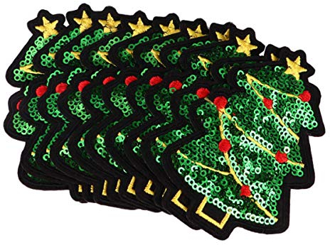 10pcs Christmas Embroidered Patches Christmas Tree Iron-on Sequins Appliques Needlecraft Sewing Crafts for Clothing Festival Party Decorative Decals