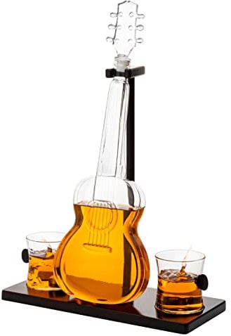 Guitar Whiskey & Wine Decanter & Mahogany Base - The Wine Savant 1000 ML Glass Decanter with 2 10oz Glasses 14 For Whiskey Music Lover & Guitar Player Gifts Musician Music Lovers