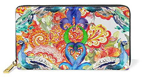 Pfauenblume Orientalisches Muster Leder Brieftasche Reißverschluss Geldbörse Telefon Kreditkartenetui Portemonnaie Wallet für Frauen Mädchen Männer