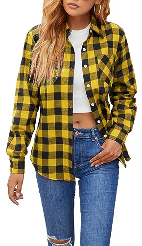 SANGTREE Chemise en flanelle à manches longues boutonnée pour filles et femmes - Chemise décontractée à carreaux, Taille M