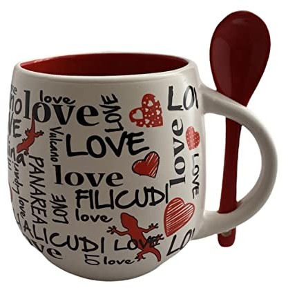 Large Mug LOVE…ISLANDS Ceramic Stoneware with Spoon, Gift Box Set, Original Gift Idea for Birthday, Valentine's Day, Mother's Day, Large Mug for Breakfast Tea Coffee.