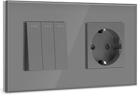 BSEED Lichtschalter mit Steckdose 3 Fach 1 Weg,10A Kristall Glas Platte Wandschalter mit 16A Schuko Steckdose Grau,Physische Unterputz Wandschalter mit Steckdose- 157mm