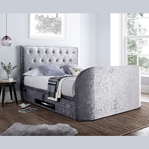 Geneva TV Bed Frame with Ottoman Storage & 2.1 Bluetooth Speaker System (Silver Crushed Velvet, King (U.K. Standard))