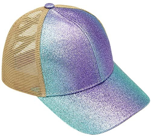 YeeHeen Berretto da baseball per ragazze Criss Cross Coda di cavallo Cappelli da baseball Rainbow Glitter Sun Cap, Verde e viola., Taglia Unica