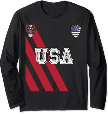 USA America Soccer Jersey Red Blue Football Ball Travel Long Sleeve T-Shirt