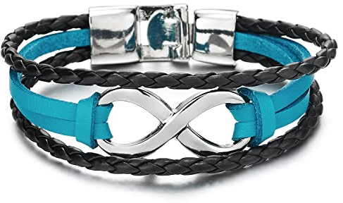 COOLSTEELANDBEYOND DREI Reihen Unendlich Liebe Number 8 Freundschaftsbänder Schwarz und Blau Lederarmband für Damen Herren