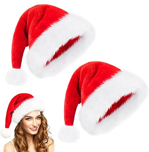 Weihnachtsmütze, 2 Stück Weihnachtsmützen Nikolausmütze Rot Nikolausmützen, Weihnachtsmann Mütze Santa Hat Weihnachtskostüm Zubehör Unisex Verdicken Rot Weihnachtsfeier Hut mit Pelzrand für Erwachsene