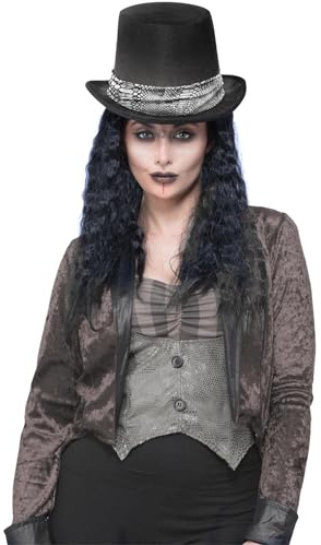 Smiffys Gothic Rocker Top Hat, with Hair, Halloween Fancy Dress Accessory, Voodoo Woman Dress Up Hats