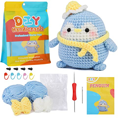 Kuppt Häkelset für Anfänger, Häkeltiere Set, Häkel Starter Set, Strickset mit Häkelnadeln, Garn, Schritt für Schritt Anleitungsvideo, Häkelset für Anfänger Erwachsene, DIY-Handwerkskunst (Pinguin)