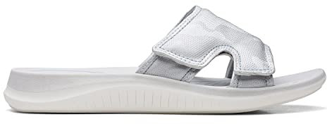 Clarks CloudSteppers Damen Pantoletten, Camouflage, detailliert, Glide Bay 2, metallic silver, 39.5 EU