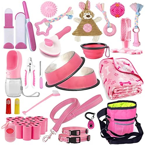 LOBEVE Puppy Supplies Starter Kit - 39-Piece Set of Puppy Essentials and Dog Stuff.Includes Dog Leash, Toys, Bowl, Brushes, Water Bottles, and More.Perfect Welcome Home Gift for Your New Puppies-Pink