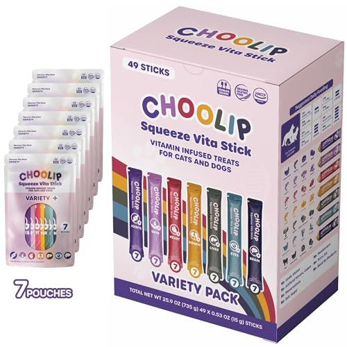 Choolip Squeeze Vita Stick Lickable Treats for Dogs & Cats. 49 Variety support sticks with essential multivitamins. Soft and tasty paste for all life stages