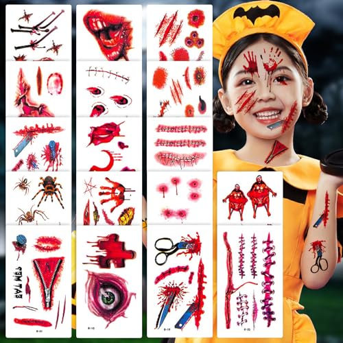 Atuoxing 30 Feuilles Halloween Cicatrice Halloween Tatouage, Faux Sang Tatouages Temporaires du Visage, Cicatrices de Vampire Zombie Maquillage Halloween Decoration (A)