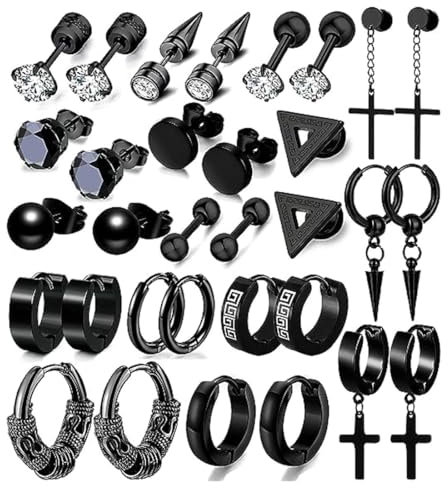DDKY Set de Pendientes para Hombre - 16 Pares de Aros en Acero Quirúrgico, Cruz Colgante Negro y Plata con Circonitas, Estilo Punk