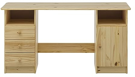 furnling 1910570 Oslo Schreibtisch, 1-türig, 3 Schubkästen, Kiefer massiv, Made in Europe, FSC Zertifiziert, 54 x 144 x 73 cm, Natur, lackiert