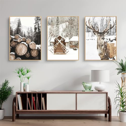 3er Poster Set, Winter-Schneelandschaft Elch Holzhaus Bilder, ohne Rahmen Modern Weihnachtsdekoration Wandbilder Wohnzimmer Deko Schlafzimmer (B,50x70cm)