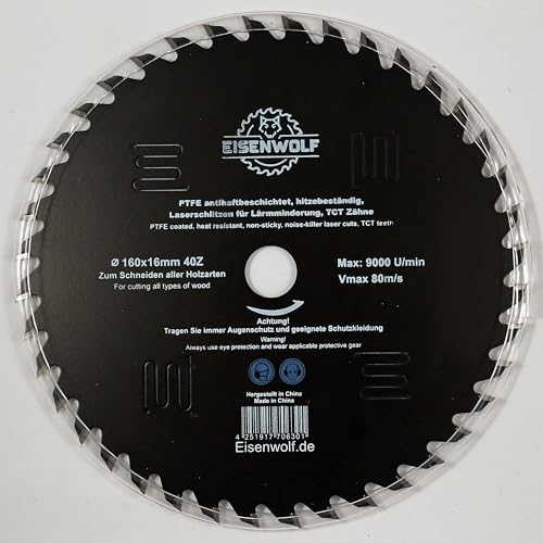 Eisenwolf 160x16 mm Sägeblatt, Kreissägeblatt für Holz mit 40 gekippten TCT-Zähnen, PTFE Antihaftbeschichtung und Laser-Cuts für Lärmminderung