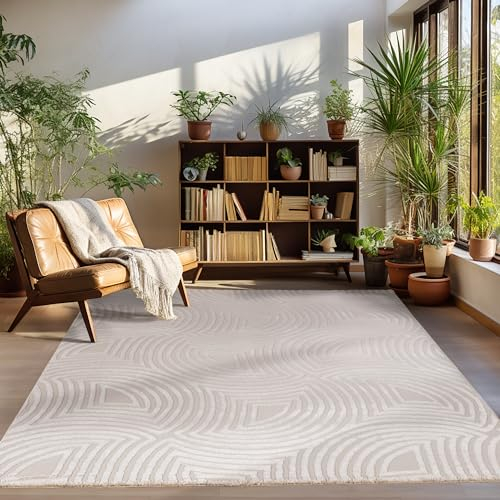 Carpettex Teppich Kurzflor Wohnzimmer Beige Skandinavisch Stil 3D Effekt 140 x 200 cm - Waschbarer Schlafzimmer Küchenteppich Boho Muster Weicher-Flauschiger
