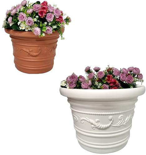 PINTO FERRAMENTA Vaso per Piante Tondo in Resina da Esterno Interno Grandi Dimensioni Decorativo Festonato Prestige per Giardino Balcone Terrazzo Colore Bianco o Terracotta (Ø50xH38, BIANCO)