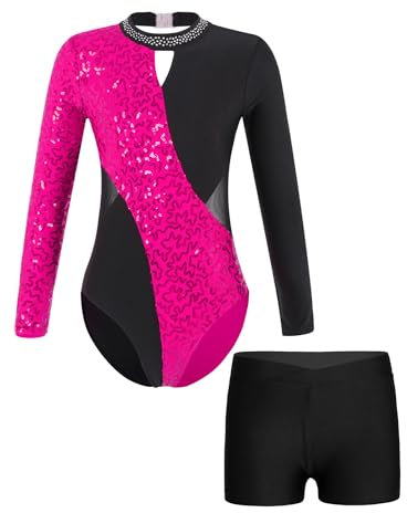 Oyolan Turnanzug Mädchen Kinder Gymnastikanzug Glitzernde Gymnastikbody Langarm Trikotbody Shorts Tanzkostüm Hot Pink & Schwarz 98-104