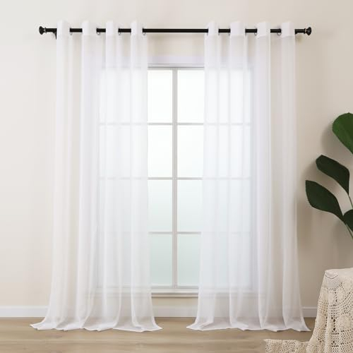 L.Z.E Gardinen Weiss für Wohnzimmer, Vorhänge Weiß mit Ösen, Transparent Gardine Vorhang für Schlafzimmer Fenster, 2er Set Leinenoptik Stores Ösenvorhang Durchsichtig Modern 225 cm Lang