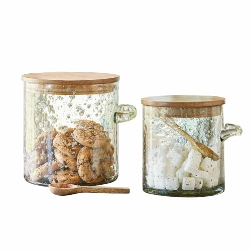 LOBERON Vorratsglas 2er Set Cerney, mundgeblasen, mit typischem Bläschen-Einschluss, luftdichter Deckel, inkl. Löffel, Aufbewahrung, Glas, Mangoholz, klar/braun