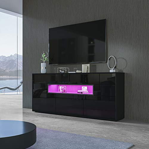 Sideboard LED Storage Cabinet, Black Gloss TV Unit With 3 Doors and 5 Drawers for Living Room