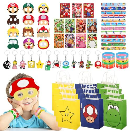 GOTFUN 72 Stück Mario Party Mitgebsel Kindergeburtstag Set, Mario Geburtstag Mitgebsel Party Zubehör Enthält Mario Geschenktasche Schlüsselanhänger Anhänger Armband Mario Maske Aufkleber