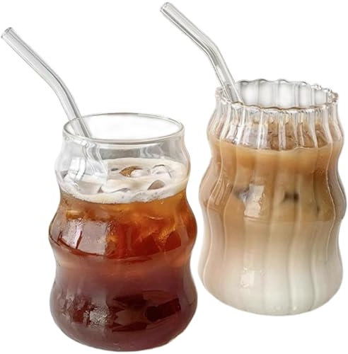 Tazze di vetro con cannucce 2 pezzi in vetro a costola vintage da 18 once di bicchieri a forma di vetro a forma di bevande da caffè ghiacciata per il succo di succo di whisky, bicchieri a coste