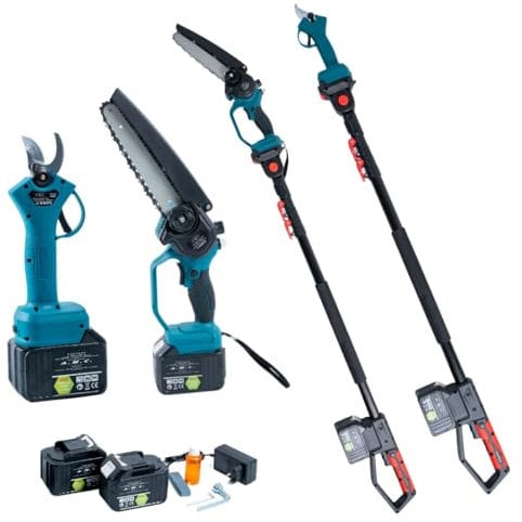 A.M.C. Forbice da Potatura a Batteria 88V, Motosega a Batteria 8 Pollici con oliatore + Asta Telescopica 128-248cm, Kit 3 in 1, Cesoie Elettriche Set Potatura Giardino Rami Arbusti Vigneto