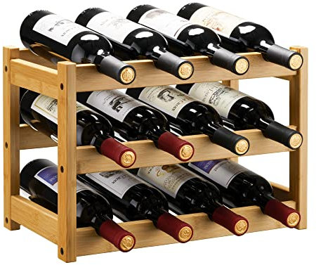VASMIA Portabottiglie di Vino,Portabottiglie da Tavolo in Bambù Naturale, Vintage Espositore Bottiglie Scaffale Cantinetta Portabottiglie per Cucina, Bar, Cantina(3 livelli-12 bottiglie),Naturale