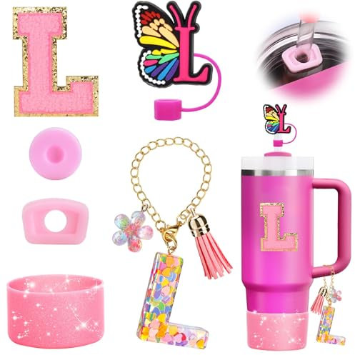 Cup Zubehör für Stanley Cup - Quencher Zubehör Auslaufsicher Accessories Silikon Anhänger Becherhalter Strohhalm Abdeckung für Tumbler Buchstabe L