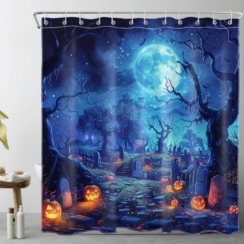 LB Horror Halloween Tenda Doccia 180x180cm Zucca Albero Morto Cimitero Blu Tende da Bagno con Ganci,Notte lunare spettrale Impermeabile Antimuffa Poliestere Casa Decorazione