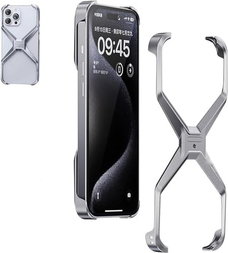 X-Form Anti-Fall Bare-Handyhülle, X-förmiger Metallrahmen für iPhone 16/15/14/13 Pro Max, Wärmeableitung, rahmenlose Aluminiumlegierung, Metall-Eckpolster, Anti-Fall-Telefonhülle (Silber, für iPhone