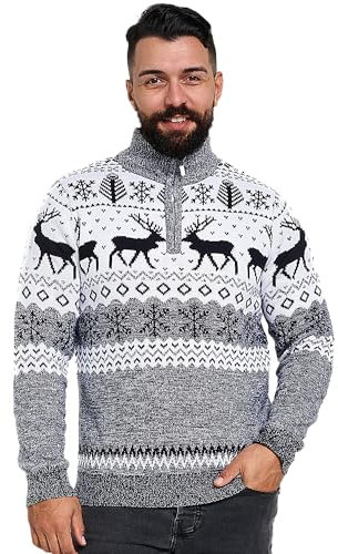 NOROZE Christmas Men's Jumpers | Nordic Style Knitted Lightweight Reindeer Printed Jumper | Quarter Zip Crew Neck Long Sleeve Pullover Top | Christmas Jumper Xmas Jumper Sweaters for Men Cream