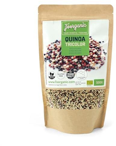 FOORGANIC Quinoa Tricolor Ecológica Foorganic 500g Superalimento Sin Gluten | Producido en España | Vegano Fuente Natural de Proteínas y Fibra | Sin aditivos