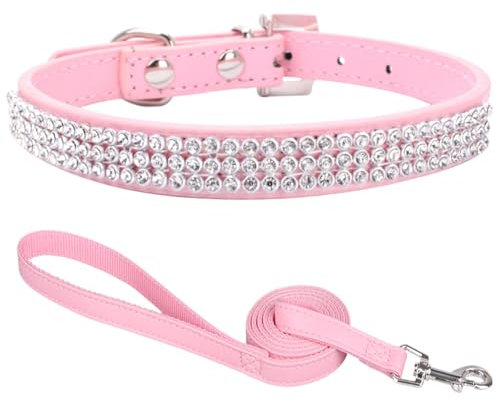 Suiecuor Hundehalsband mit Leine hundehalsband Strass hundehalsband kleine Hunde lederhalsband Hund für kleine mittlere und große Hunde Rosa S