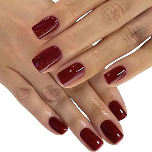 48 Pcs Red False Nails,Press on Nails,Short Wine Red Fake Nails with Glue Square RemovableGel Fake Nails, Natural Burgundy Glue on Nails Full Cover Acrylic Oval Stick