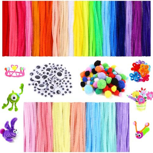 400 Stück Pfeifenreiniger zum Basteln,Pfeifenputzer,27 Farben Chenilledraht | 400 Chenilledraht,100 Pompons und 100 Selbstklebend, Pfeifenputzer zum Basteln für DIY Kunst und Handwerk Dekoration