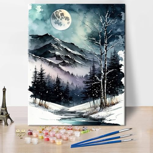 TISHIRON Pintura de bricolaje por números para adultos, paisaje invernal en acuarela, juego de pintura para adultos por números, luna, montañas y árboles, pintura al óleo para el hogar, 40 x 50 cm
