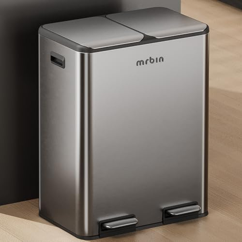 MRBIN Dual Kitchen Bin (2 x 30L), Combo Trash Can Recycling Bin Stainless Steel, 60L / 16gal Large Kitchen Garbage Pail with Lid, Tall Large Garbage Can Step Rectangle Double Wastebasket