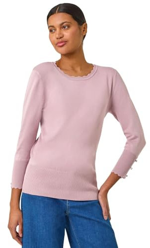 Roman Diamante Button Scallop Edge Jumper for Women UK Ladies Autumn Everyday Winter Holiday Round Neckline Comfy Long Sleeve Soft Slim Fit Knitted Sweater Warm Tops - Pink - Size 16