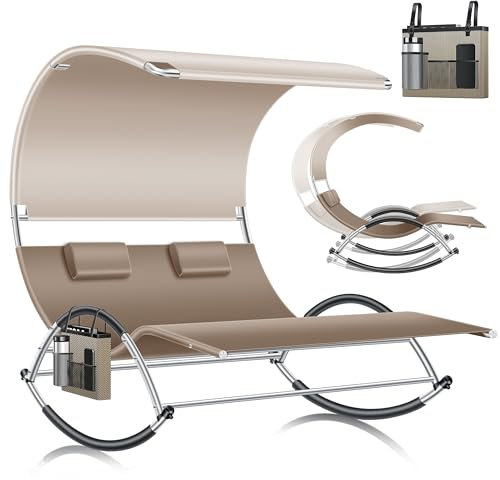 KESSER® Doppel-Sonnenliege Doppelliege mit Sonnendach, Kopfkissen Tasche für 2 Personen, Relaxliege, Gartenliege, Schaukelliege ergonomische Liegefläche, 240 kg Belastung, Seitentasche, Creme