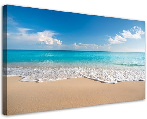 Feeby Bild auf Leinwand - Wandbilder Wohnzimmer Aesthetic - Blauer Strand Meereslandschaft - 80x40 1tlg - Schlafzimmer Wandekoration - Bilder Zimmer - Living Room - Deko Wandbilder - Moderne Bild