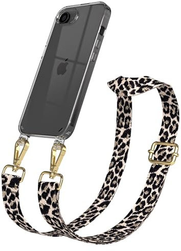 EAZY CASE Handykette - Verstellbares Taschenband kompatibel mit iPhone 16e, Schulterriemen, Handykordel mit Silikon Hülle, Umhängetasche, Leo - Schwarz Beige Gold