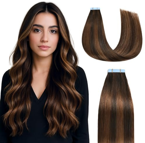 Sunya Tape Extensions Echthaar Balayage Dark Brown to Chestnut Brown 50cm | Invisible Tapes Echt Haar Extension Natural Glatt Gerade Skin Weft 20 Stück 50g/pack